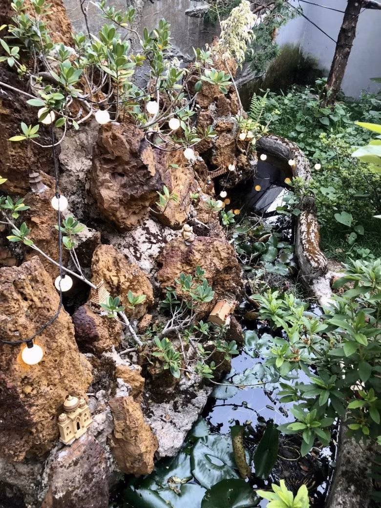 Trong sân vườn còn có chòi nghỉ, hòn non bộ thiết kế đẹp mắt.