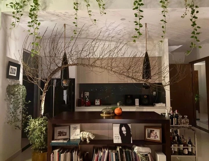 Phòng khách trong nhà của Hồng Nhung có diện tích khá rộng, được nối liền với bếp. Dịp Tết, Hồng Nhung sắm cành đào dáng huyền mang lại không khí Tết đặc trưng của miền Bắc. Ảnh; FBNV