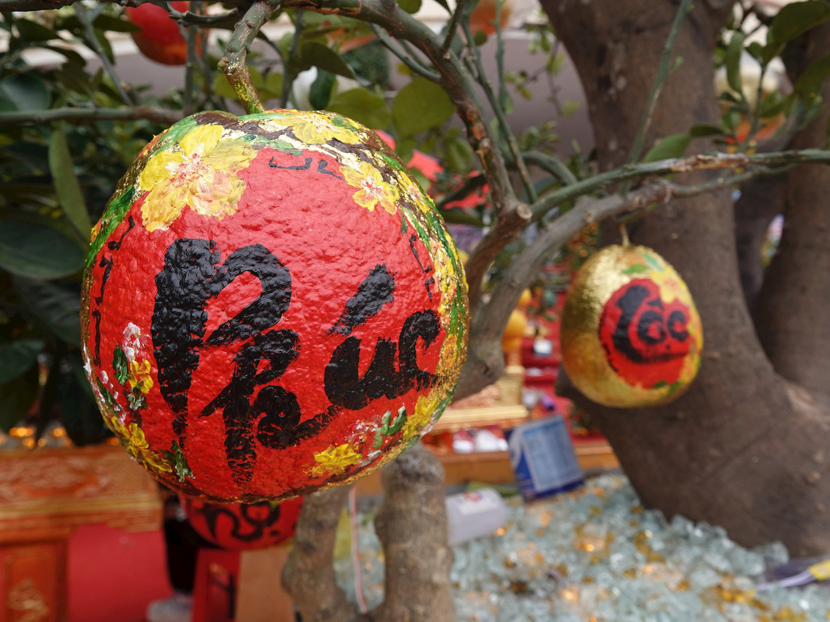 Những trái bưởi được dát vàng công nghiệp, sau đó tô vẽ thêm bắt mắt. Ảnh: Congly