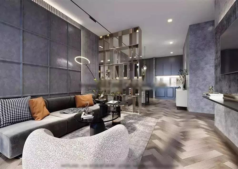 Phòng khách và khu bếp ngăn cách với nhau bằng vách ngăn.