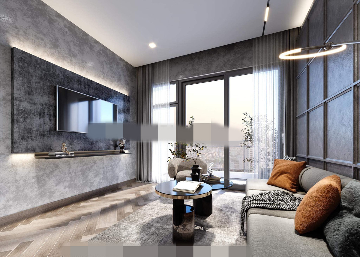 Phòng khách có cửa kính lớn lấy ánh sáng và ban công rộng.