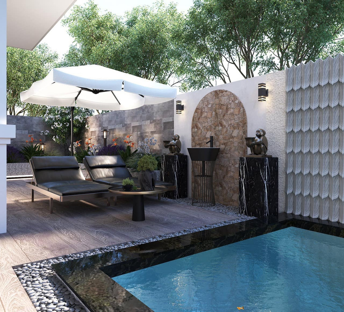 Khu vực bể bơi là không gian thư giãn của gia đình. Ảnh: FBNV