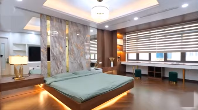 Phòng ngủ của con trai gia chủ có chiếc giường thiết kế lơ lửng.