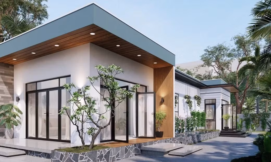 Mẫu nhà cấp 4 mái tôn đẹp ngang biệt thự. Ảnh: Noithatugia