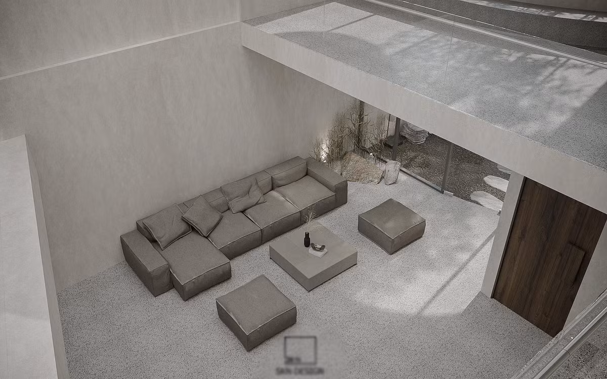 Phòng khách rộng rãi được thiết kế thông tầng giúp đón ánh sáng tự nhiên và có không gian thoáng đãng, gần gũi với thiên nhiên.