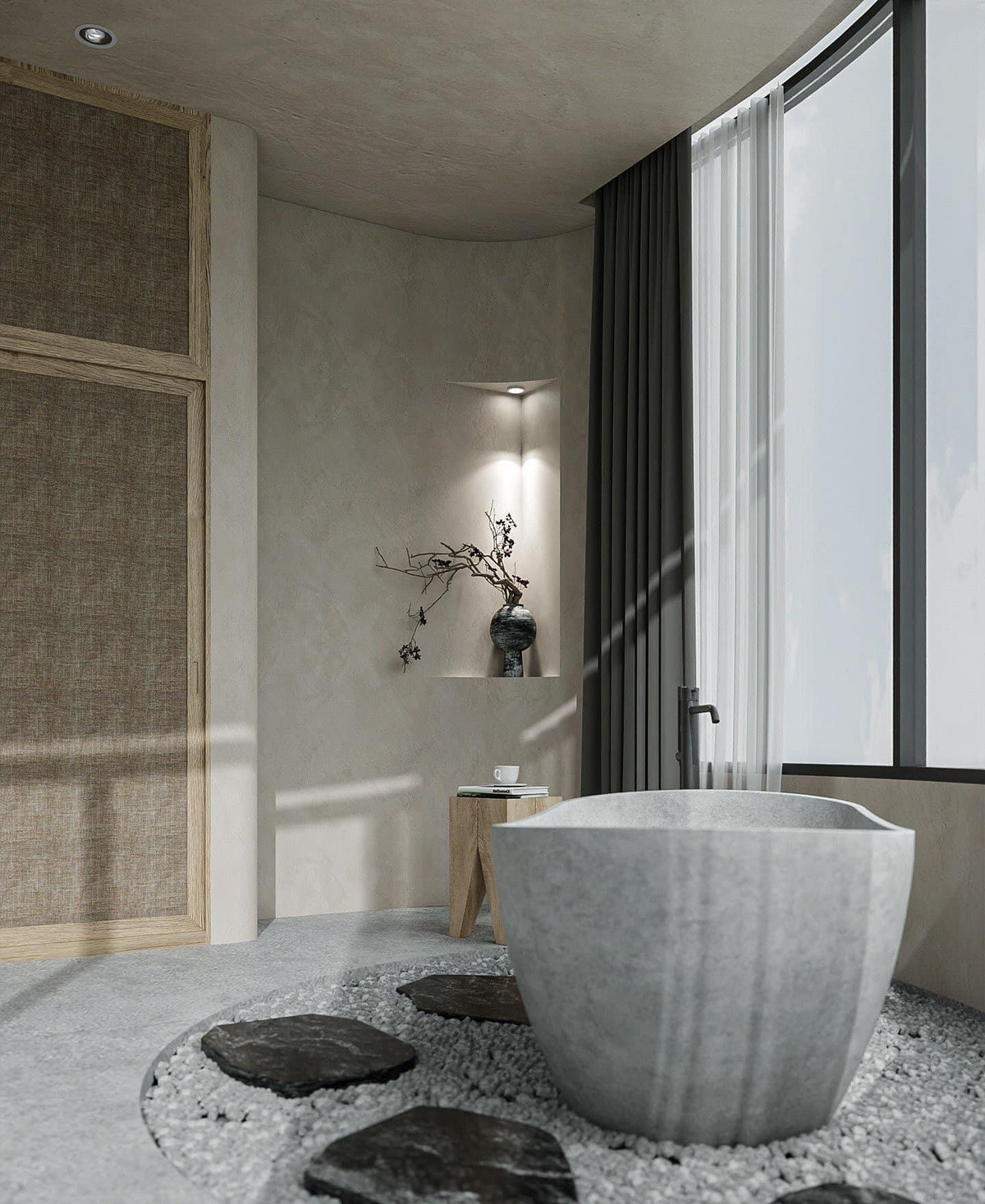 Phòng tắm tràn ngập ánh nắng nhờ hệ thống cửa kính lớn.