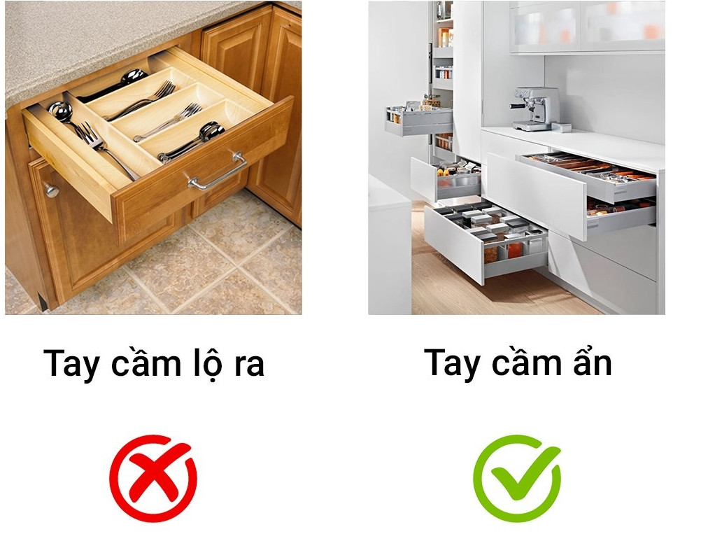 Tay cầm lộ ra dễ bám bẩn, khó vệ sinh và dễ bị va đập, gây mất an toàn. Vì vậy, nên chọn tay cầm tủ ẩn vừa thẩm mỹ lại dễ dàng vệ sinh và bảo quản hơn. Ảnh: Happynest
