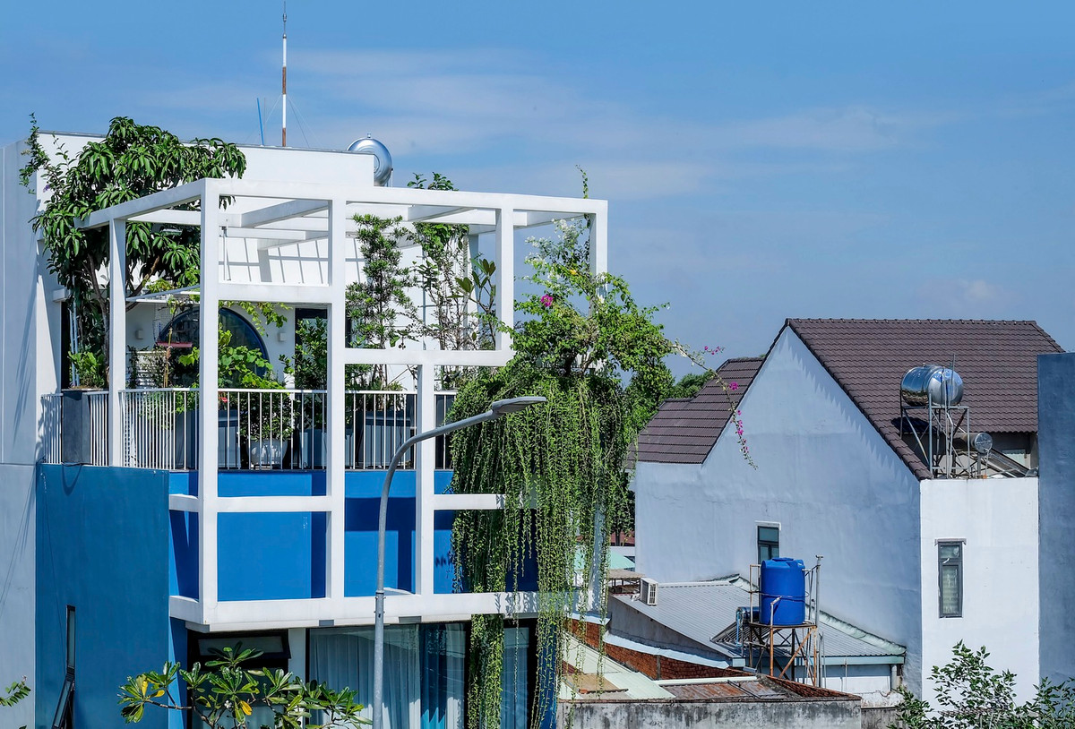 Mặt tiền ngôi nhà nổi bật với gam màu trắng, xanh dương cùng hệ thực vật tươi tắn. Ảnh: Cao Hoa, An Viet Dung