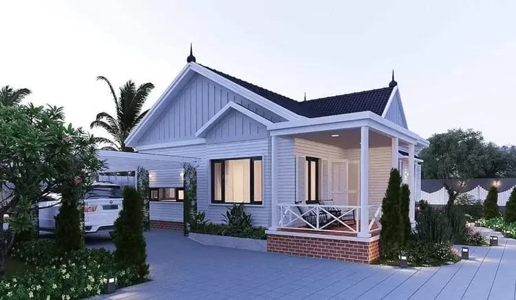 Nhà cấp 4 mái Thái thiết kế thêm phần hiên nhà để gia chủ thư giãn và ngắm cảnh. Ảnh: Internet