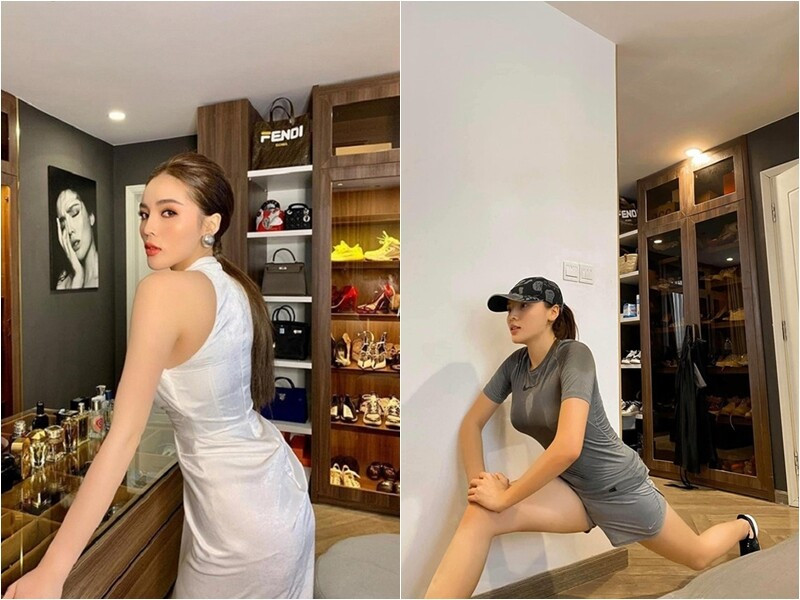 Kỳ Duyên còn thiết kế riêng một góc để đựng đồ hiệu với nhiều món đồ giá trị từ túi xách, giày dép đến nước hoa. Ảnh: FBNV