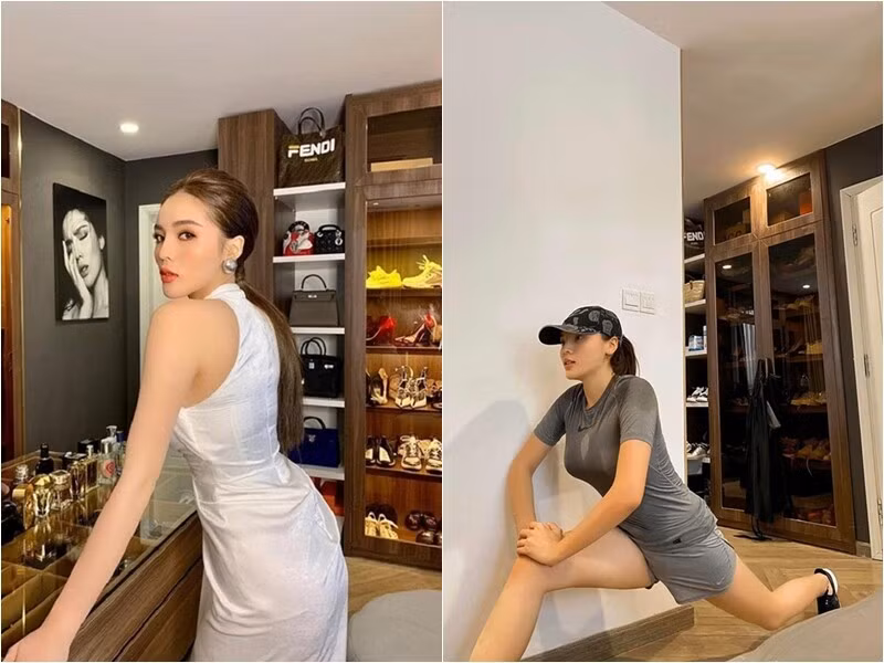 Kỳ Duyên còn thiết kế riêng một góc để đựng đồ hiệu với nhiều món đồ giá trị từ túi xách, giày dép đến nước hoa. Ảnh: FBNV