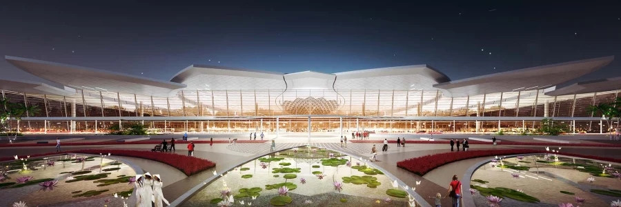 Tuy nhiên, sự khác biệt của sân bay Long Thành là kiến trúc bên trong gần gũi thiên nhiên như hồ ao sen lớn, cây cọ và mái che hình lá sen khổng lồ ấn tượng. Ảnh: ACV