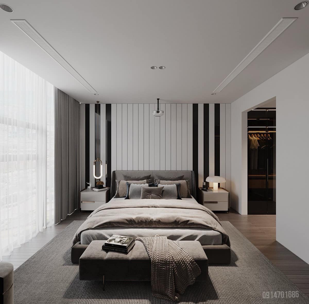 Phòng ngủ master có cửa kính lớn, tạo tầm view bao trọn thành phố.