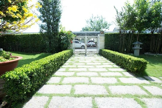 Khu vườn lớn bên trong được "trải" một thảm cỏ xanh.