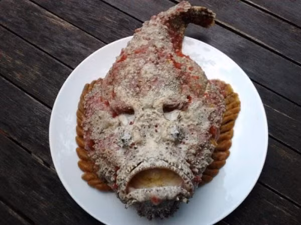 Sở hữu vẻ ngoài xấu xí khiến nhiều người "ghê sợ" nhưng cá mặt quỷ lại được không ít khách hàng ưa chuộng. Bởi, thịt cá mặt quỷ vừa dai và ngọt như thịt gà, vừa giòn như tôm hùm. Ảnh: HaisanTrungNam