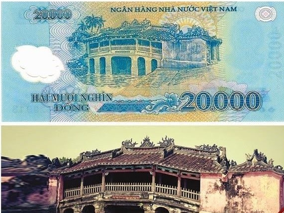 Mặt sau tờ tiền in dòng chữ "Ngân hàng Nhà nước Việt Nam", phong cảnh Chùa Cầu, Hội An (Quảng Nam), mệnh giá 20.000 đồng bằng chữ và số, hình trang trí hoa văn dân tộc và hoa văn lưới hiện đại. Ảnh: Vietdesigner
