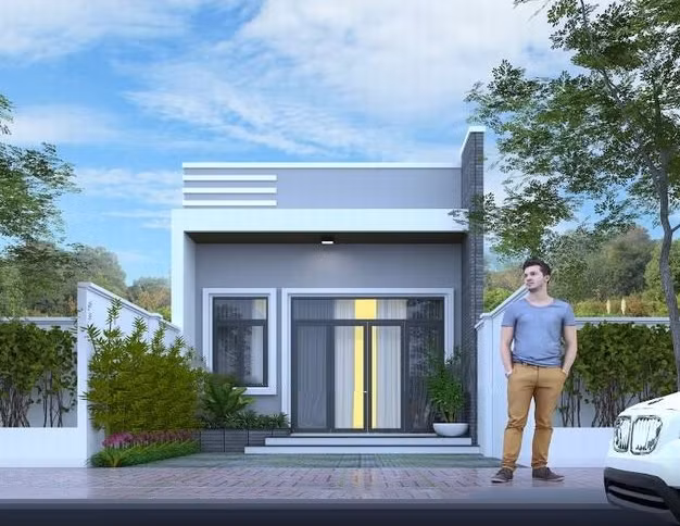 Nhà cấp 4 mái bằng thiết kế gọn gàng, có khối đua ra phía trước giúp hạn chế được tình trạng hắt nắng, hay mưa. Ảnh: Wedo