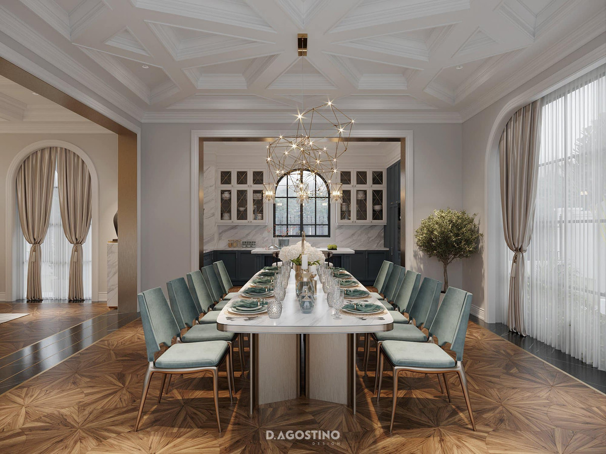 Ngay cạnh phòng bếp là bộ bàn ăn sang trọng đủ cho 10 người.