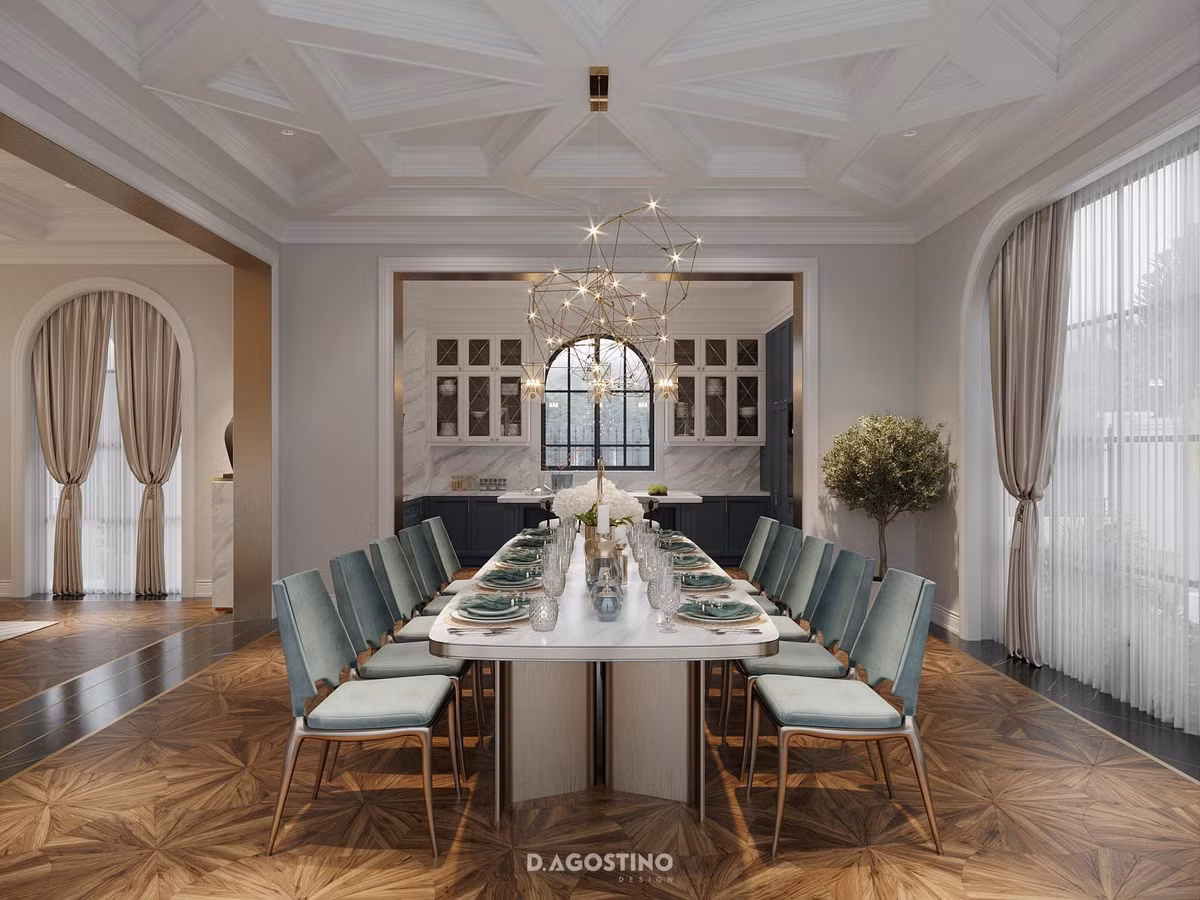 Ngay cạnh phòng bếp là bộ bàn ăn sang trọng đủ cho 10 người.