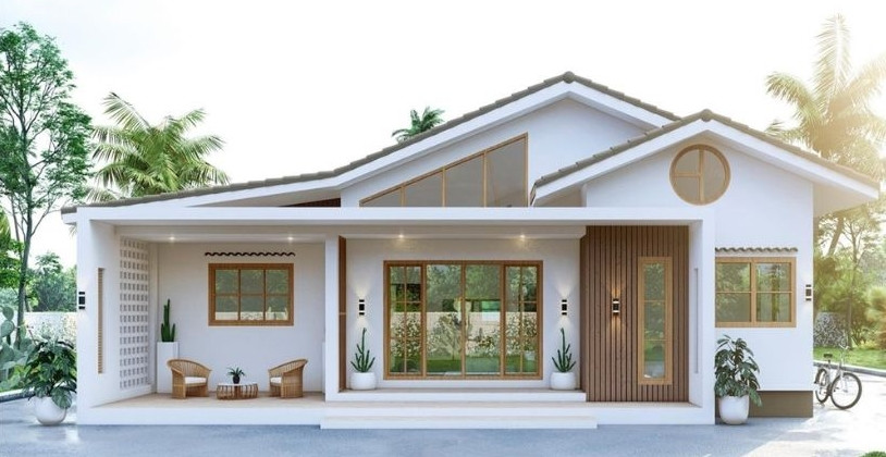 Mẫu nhà cấp 4 mái thái đơn giản có giá thành hợp lý, phù hợp với các gia đình có thu nhập thấp. Ảnh: Spacet