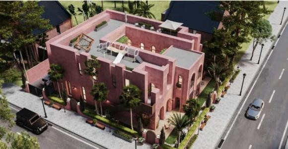 Bên ngoài biệt thự được trang trí tông màu hồng ngọt ngào và có nhiều cây xanh.