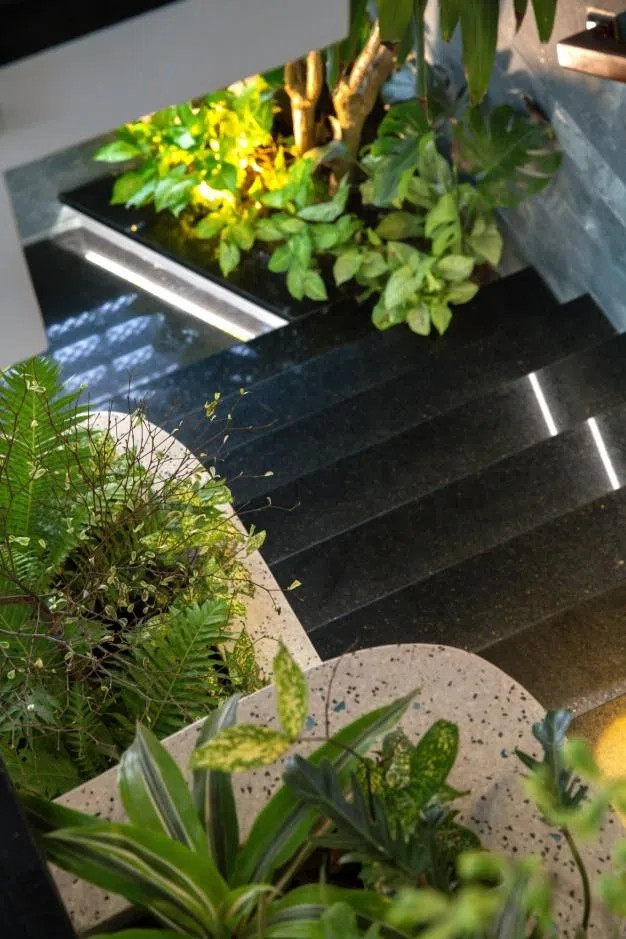 Ngôi nhà có chiều dài ngắn nên không gian xanh được bố trí liên tục theo trục cầu thang và ô thông tầng. Ảnh: GreenConcept