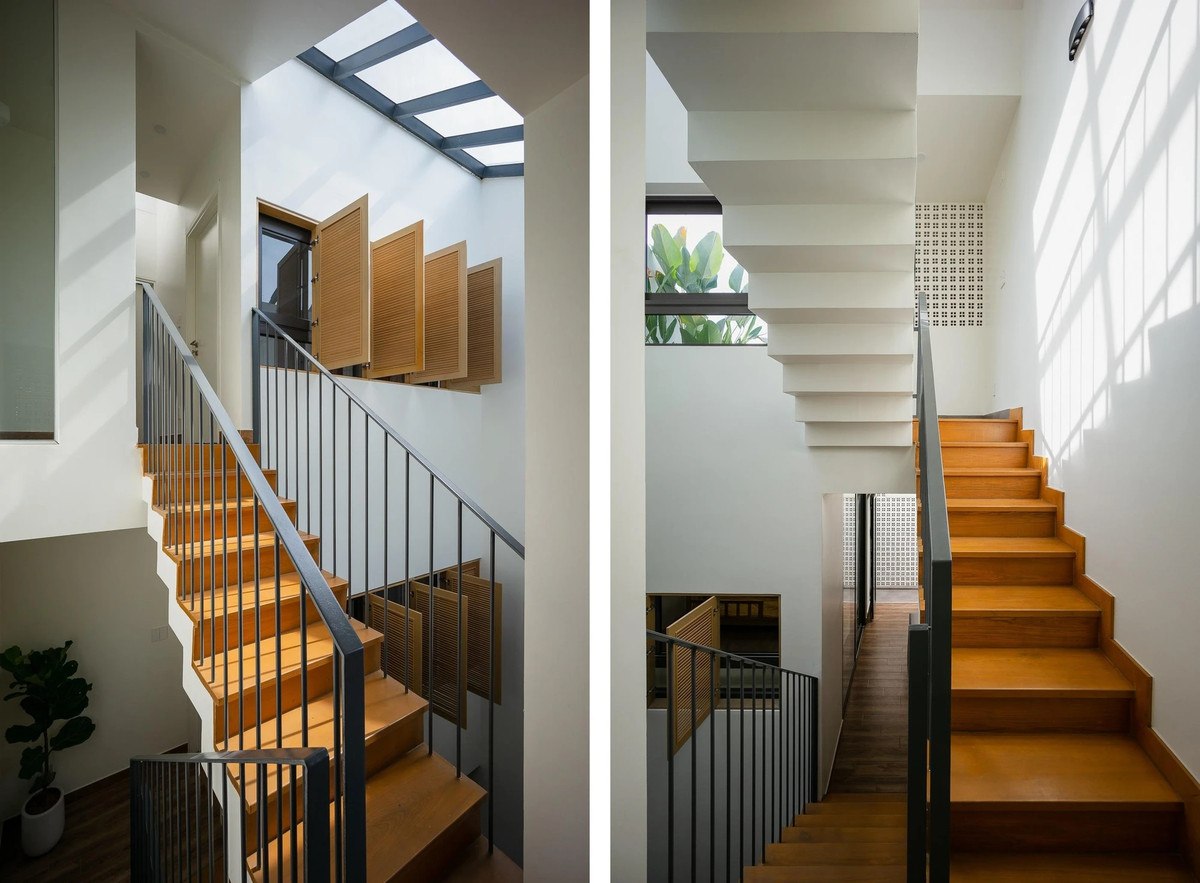 Nhà được bố trí lệch tầng ngược về phía sau, nhìn từ bên ngoài chỉ là ngôi nhà một trệt một lầu nhưng bên trong chiều cao được nâng lên thành một trệt và hai lầu.