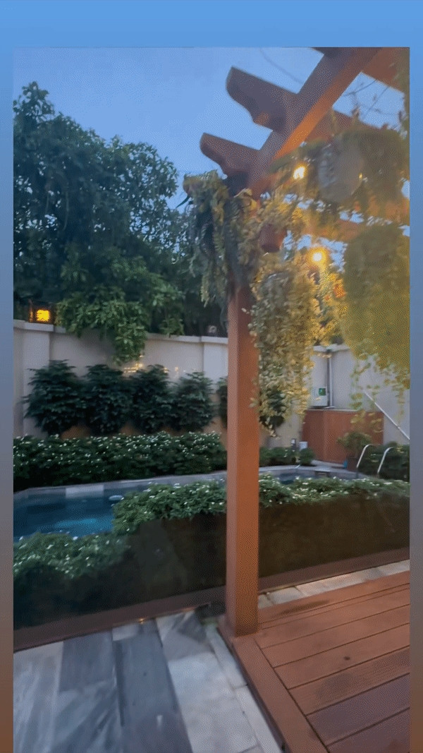 Trong khuôn viên biệt thự có hồ bơi, xung quanh tràn ngập các loại cây cảnh.