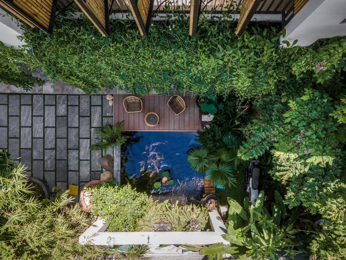 Để đối phó với gió khô và nóng, kiến trúc sư thiết kế bể cá Koi đặt phía trước hướng gió giúp giảm sức nóng.