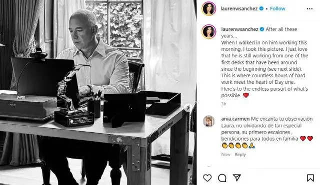 Hình ảnh ông Jeff Bezos sử dụng chiếc bàn cũ được vị hôn thê của ông là Lauren Sanchez đăng trên trang Instagram cá nhân vào ngày 29/1. Ảnh: BI