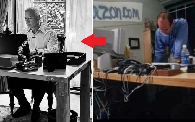 Dù là người giàu thứ 3 thế giới nhưng tỷ phú Jeff Bezos vẫn còn sử dụng chiếc bàn làm bằng cánh cửa từ thời ông sáng lập Amazon vào những năm 1990. Ảnh: BI