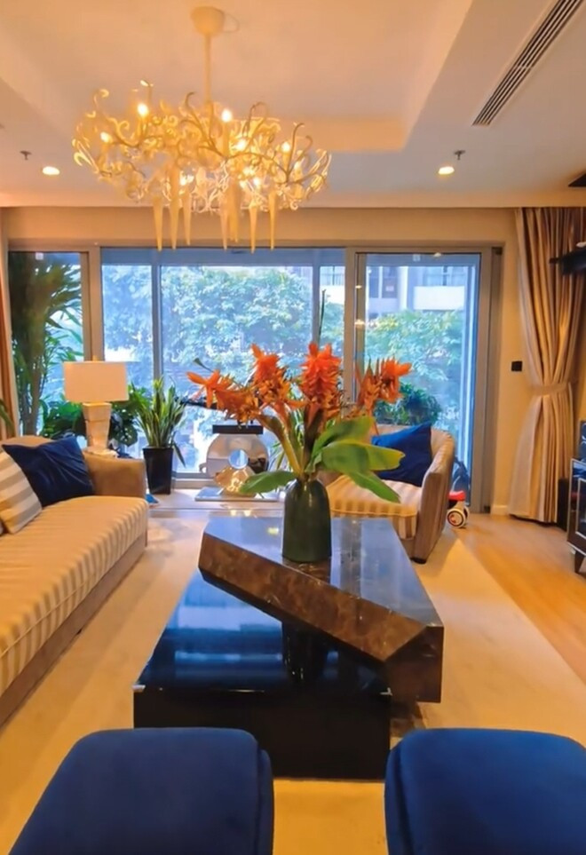 Phòng khách mở ra tầm nhìn thoáng dãng với cửa kính lớn chạy dọc chiều dài căn phòng. Ảnh: chụp màn hình