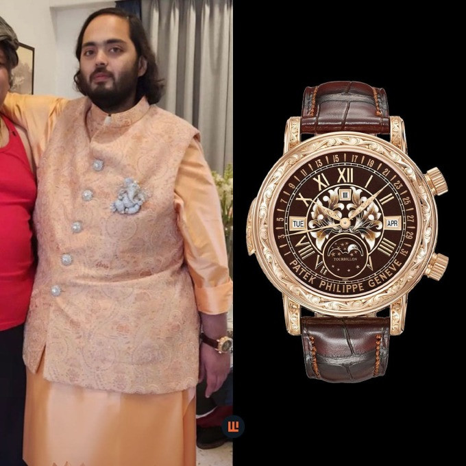 Theo Tatler, Anant Ambani nổi tiếng với thú chơi đồng hồ siêu xa xỉ. Trong lễ cưới kéo dài ba ngày ở Mumbai, Anant Ambani chọn chiếc Patek Philippe Grand Complication Sky Moon Tourbillon bằng vàng 18 karat, giá khoảng 6,7 triệu USD (gần 170 tỷ đồng). Ảnh: Instagram Luxurywatchhub