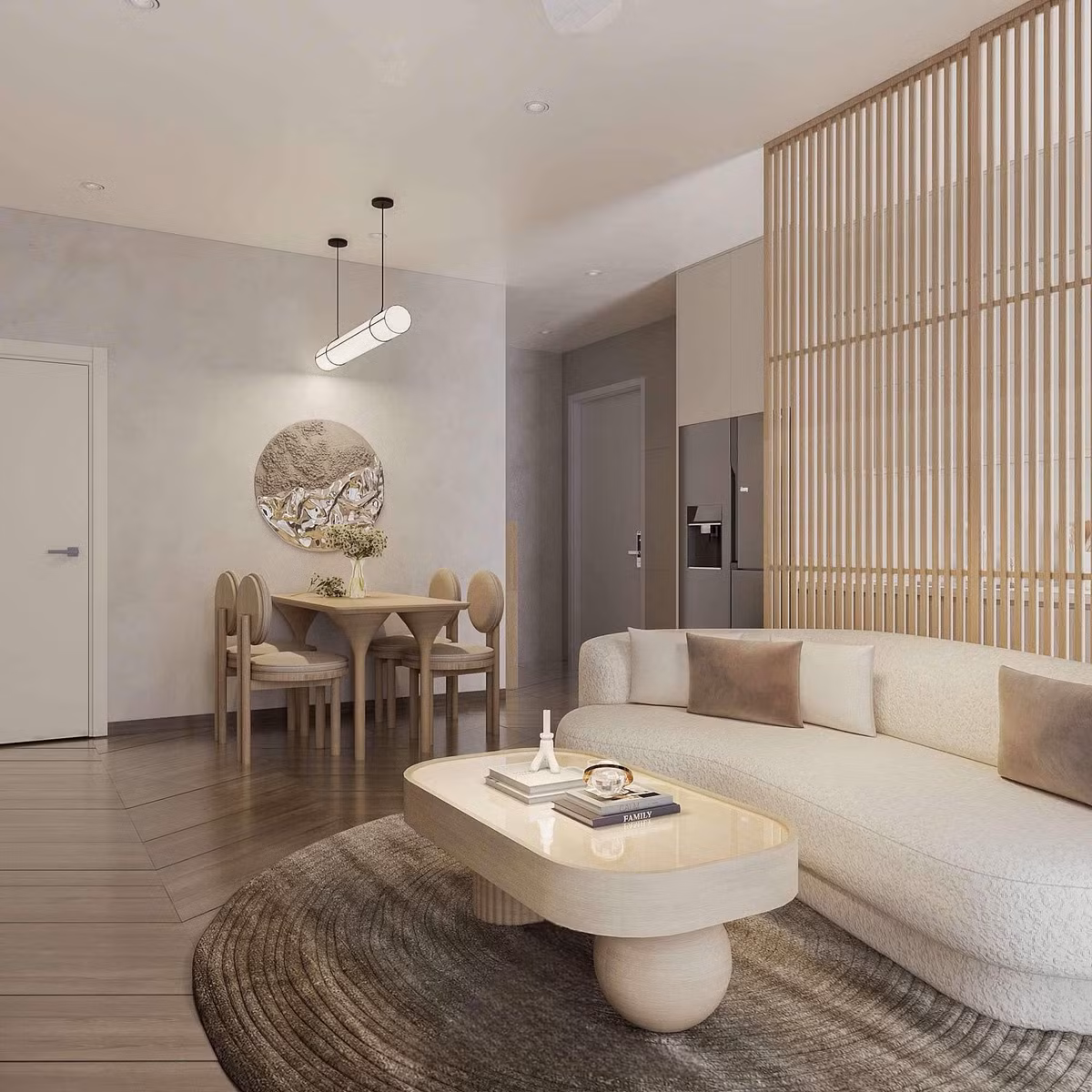 Phòng khách trong nhà mới của Bảo Thanh thiết kế hiện đại và tối giản, có sự kết hợp giữa màu be và tông gỗ tự nhiên. Sofa màu kem đi kèm bàn trà gỗ có thiết kế bo tròn mềm mại. Ảnh: FB Bảo Thanh