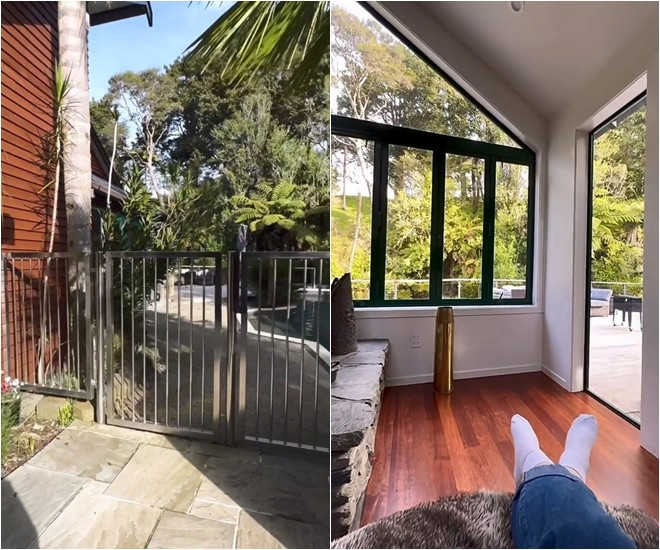 Trước và sau nhà đều được bao phủ một màu xanh.