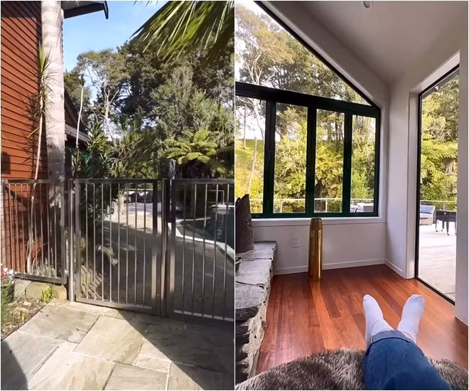 Trước và sau nhà đều được bao phủ một màu xanh.