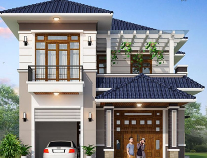 Nhà 2 tầng mái Nhật có gara hiện đại giúp tiết kiệm một khoản chi phí lớn cho việc gửi xe ở thành phố. Ảnh: Thietkenha365