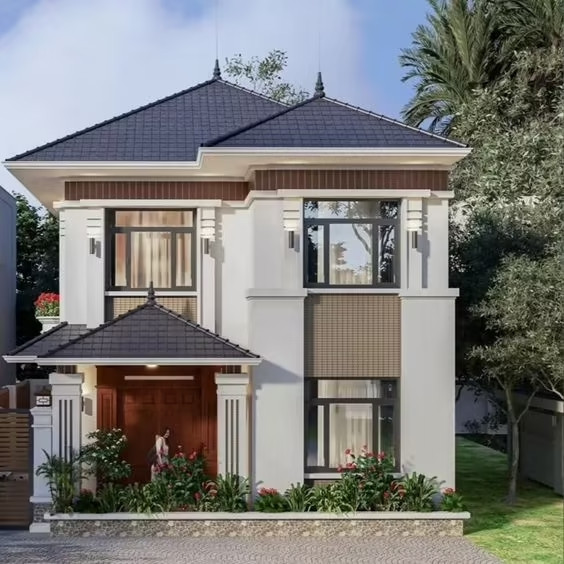 Điểm nhấn của ngôi nhà là thiết kế khéo léo khi đặt sole các tầng mái. Mẫu nhà này đã tinh giản những chi tiết cầu kỳ, thay vào đó, chú trọng vào những khối họa tiết đơn giản, hiện đại hơn. Ảnh: Xaynhadeponline