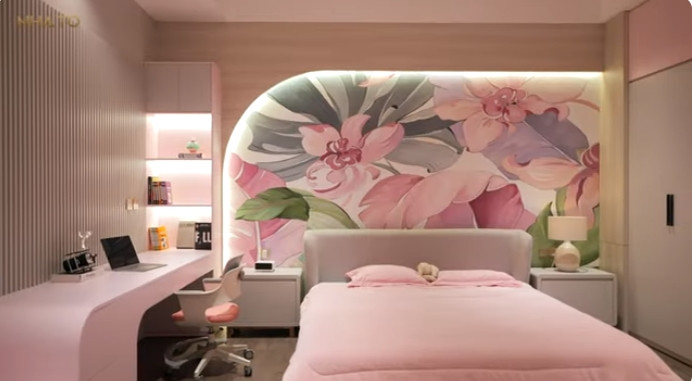 Phòng ngủ dành cho con gái rộng 30m2, sử dụng tông màu hồng nhẹ nhàng.