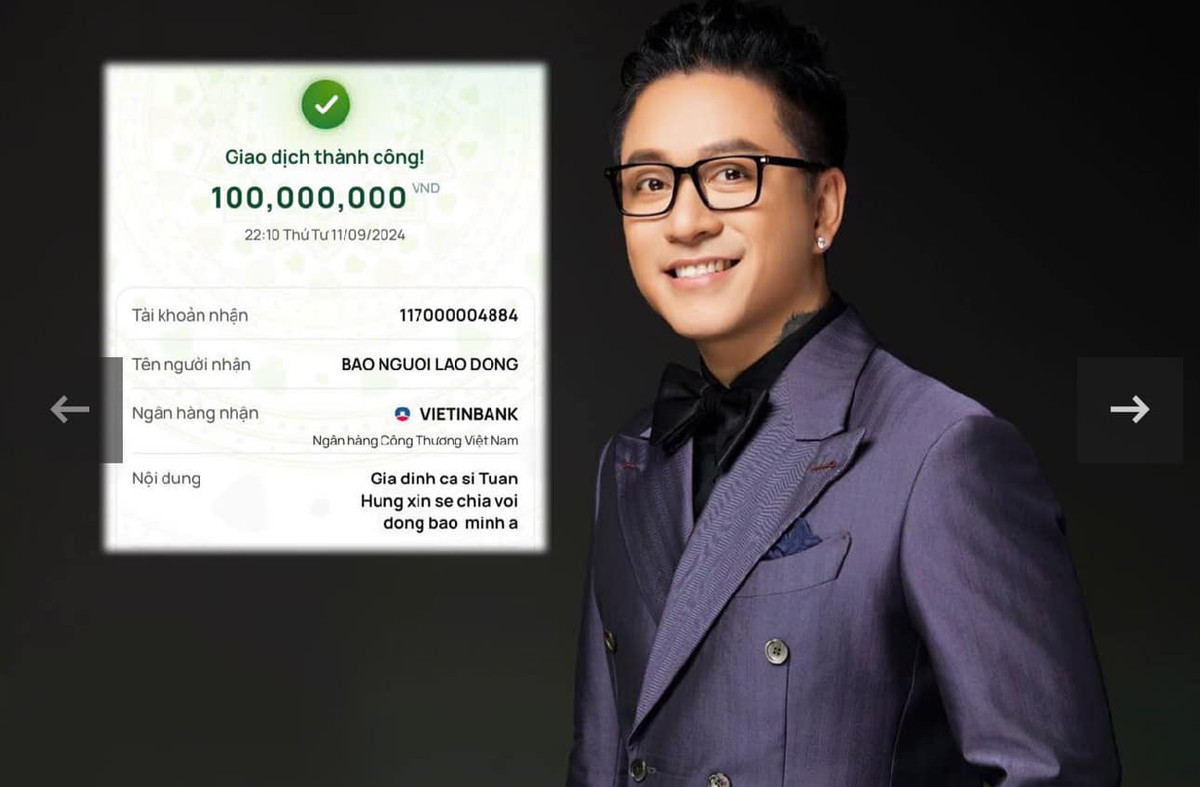 Trước đó, Tuấn Hưng đã gửi 100 triệu đồng tới quỹ từ thiện của báo Người lao động để ủng hộ người dân phía Bắc đang gánh chịu hậu quả của thiên tai. Ảnh: FBNV