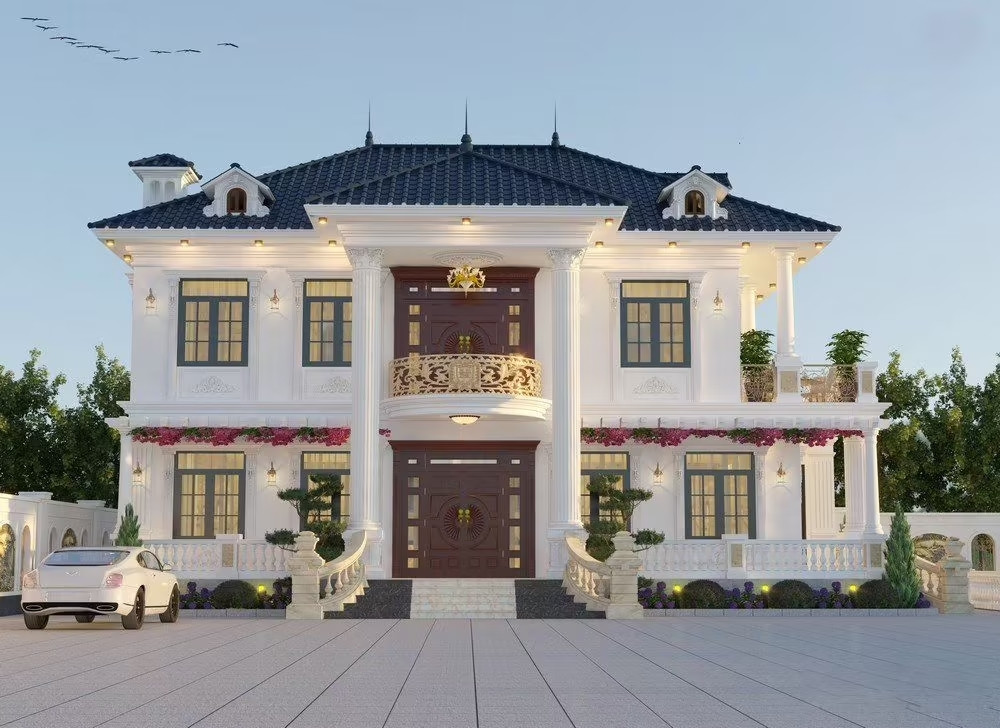 Mẫu nhà 2 tầng mái Nhật tân cổ điển sở hữu những đường nét cầu kỳ, tỉ mỉ. Ảnh: Xaynhadeponline