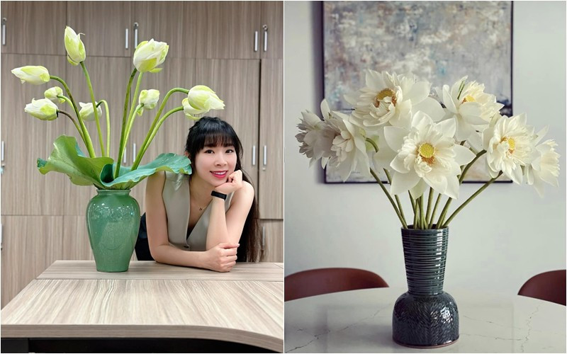 Anh Thư thích trang trí tổ ấm hay nơi làm việc, cô từng khoe những bình hoa đẹp mắt, trong đó có hoa sen.