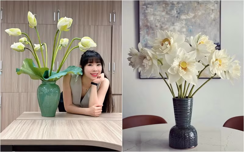 Anh Thư thích trang trí tổ ấm hay nơi làm việc, cô từng khoe những bình hoa đẹp mắt, trong đó có hoa sen.