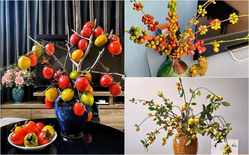 Không chỉ Tết, ngày thường, vợ xinh đẹp của BTV Quốc Khánh cắm nhiều loại cành quả như hồng tươi, cành táo mèo, cành cà phê...