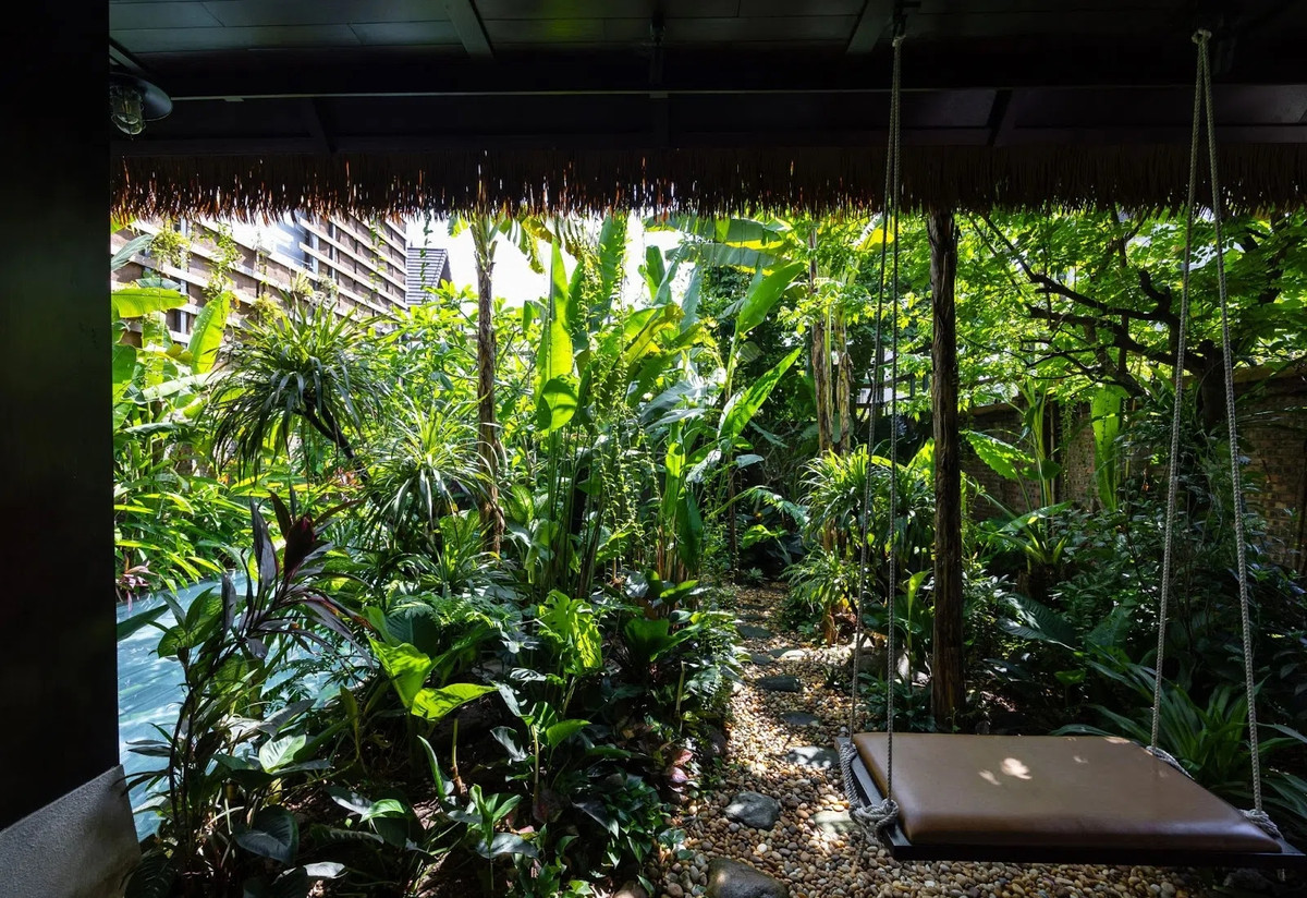 Sân trước được thiết kế như một vùng đệm, điều hòa vi khí hậu và cung cấp ánh sáng tự nhiên dịu nhẹ. Ảnh: Triệu Chiến