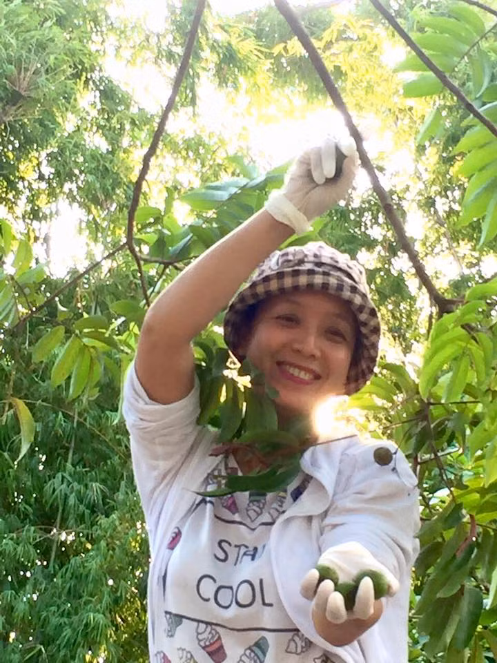 Trong vườn, nữ nghệ sĩ trồng nhiều cây ăn trái như cam, mít, ổi, bưởi, sấu...