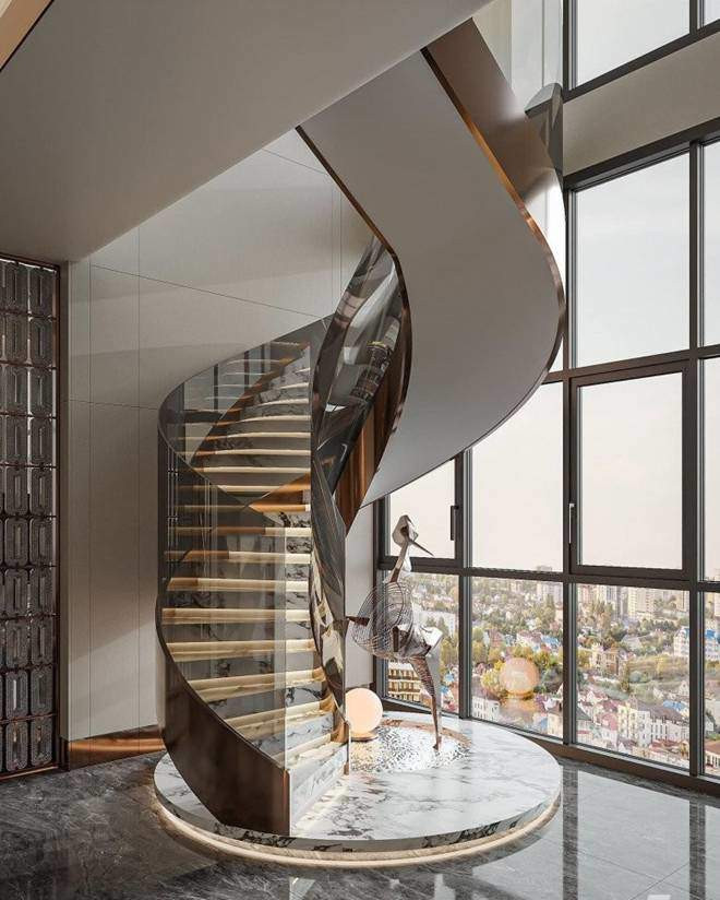 Cầu thang lên các phòng thiết kế tay vịn kính cường lực và bậc thang phủ đá cao cấp, khiến không gian trở nên xa hoa, tráng lệ. Ảnh: FB Hằng Túi