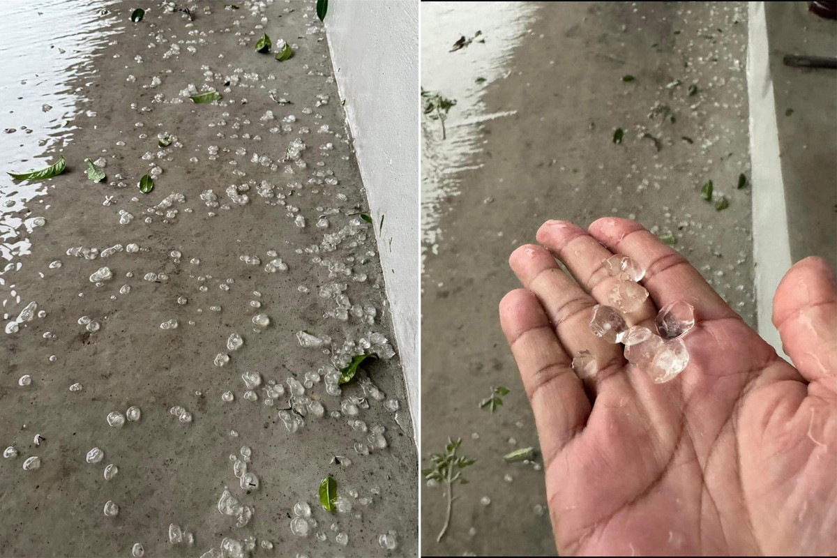 Cơn mưa kéo dài khoảng 20 phút, một số nơi của TP Hạ Long và Cẩm Phả đều có mưa đá. Ảnh: QMG