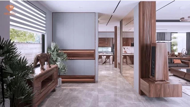 Nội thất gỗ theo phong cách hiện đại kết hợp đá lát, đồ trang trí kim loại giúp căn biệt thự vừa mang nét hoài cổ của những ngôi nhà xưa, vừa có nét đương đại.