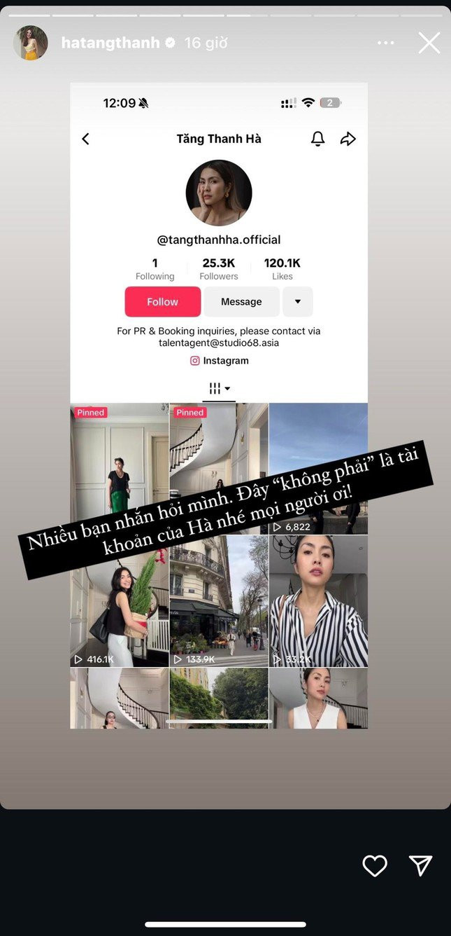 Mới đây, Tăng Thanh Hà đăng tải ảnh chụp kênh TikTok mang tên cô kèm lời đính chính “Đây không phải là tài khoản của Hà nhé”. Hà Tăng còn nhờ khán giả báo cáo kênh giả mạo này tới hệ thống TikTok để xử lý, sau khi nhiều người nhắn tin hỏi xem đây có phải kênh chính thức của cô hay không. Ảnh: IGNV